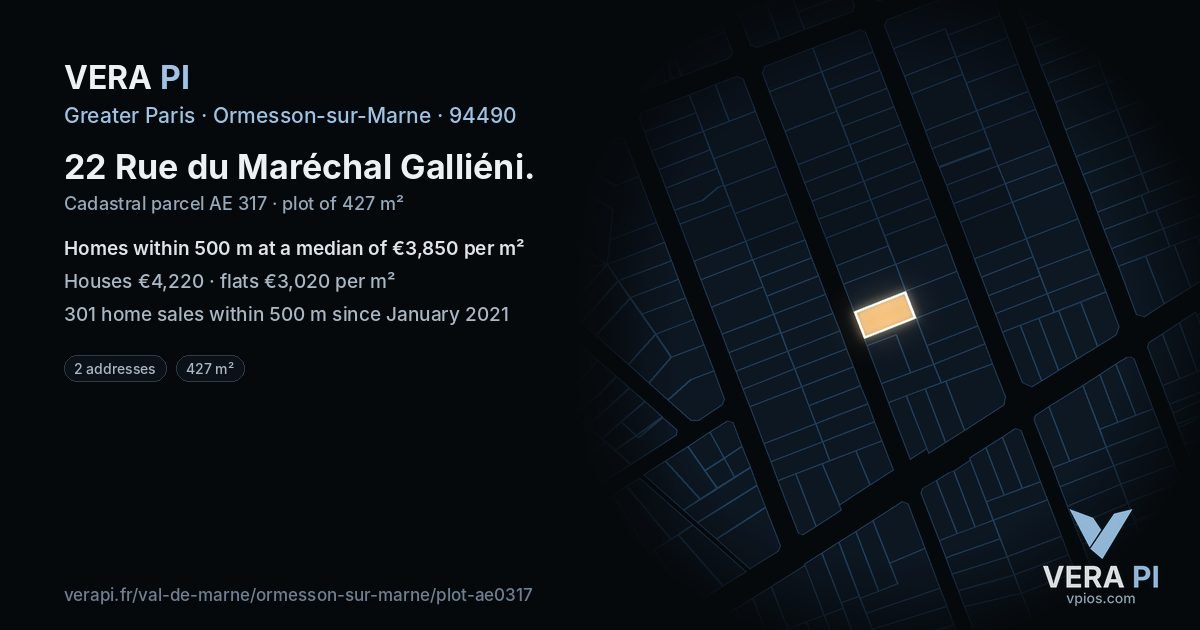 22 Rue du Maréchal Galliéni, Ormesson-sur-Marne at night – the plot lit, the parcels around coloured by the prices near them