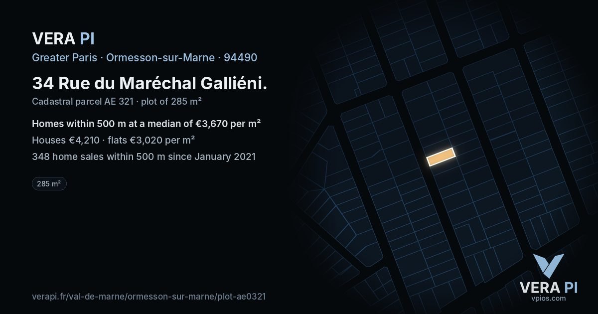 34 Rue du Maréchal Galliéni, Ormesson-sur-Marne at night – the plot lit, the parcels around coloured by the prices near them