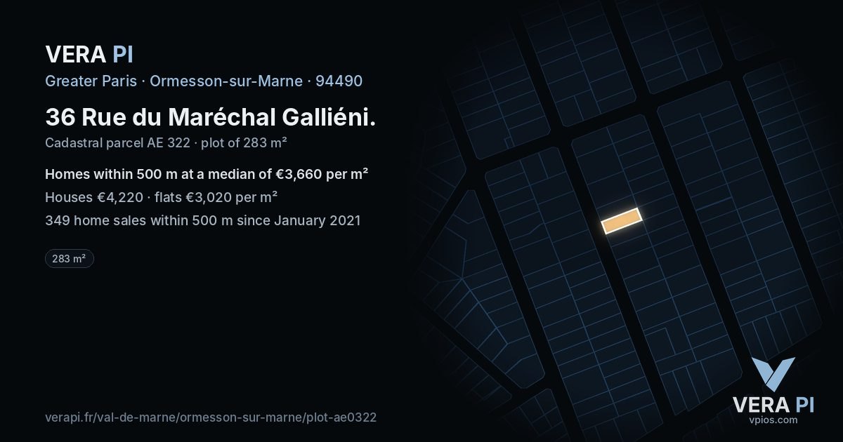 36 Rue du Maréchal Galliéni, Ormesson-sur-Marne at night – the plot lit, the parcels around coloured by the prices near them