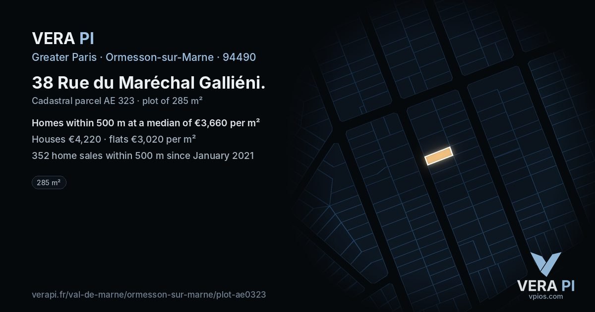 38 Rue du Maréchal Galliéni, Ormesson-sur-Marne at night – the plot lit, the parcels around coloured by the prices near them