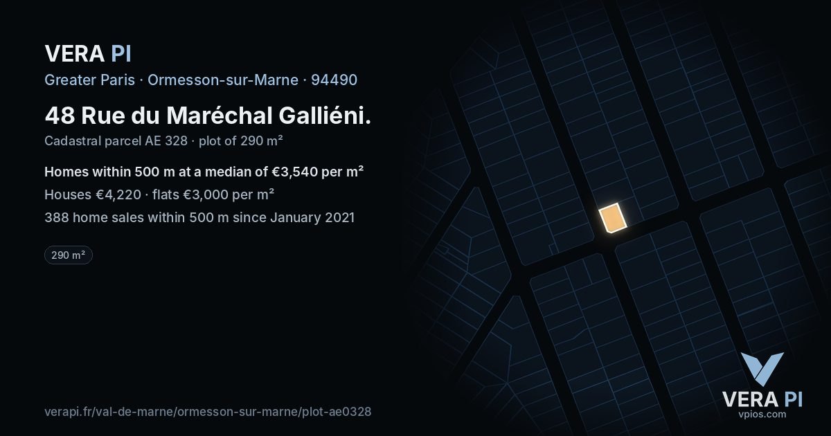 48 Rue du Maréchal Galliéni, Ormesson-sur-Marne at night – the plot lit, the parcels around coloured by the prices near them