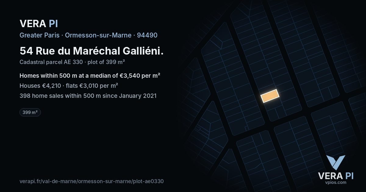 54 Rue du Maréchal Galliéni, Ormesson-sur-Marne at night – the plot lit, the parcels around coloured by the prices near them