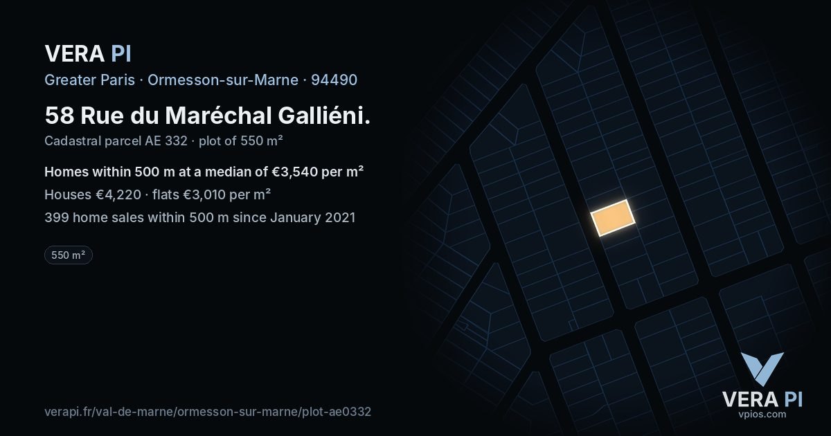 58 Rue du Maréchal Galliéni, Ormesson-sur-Marne at night – the plot lit, the parcels around coloured by the prices near them