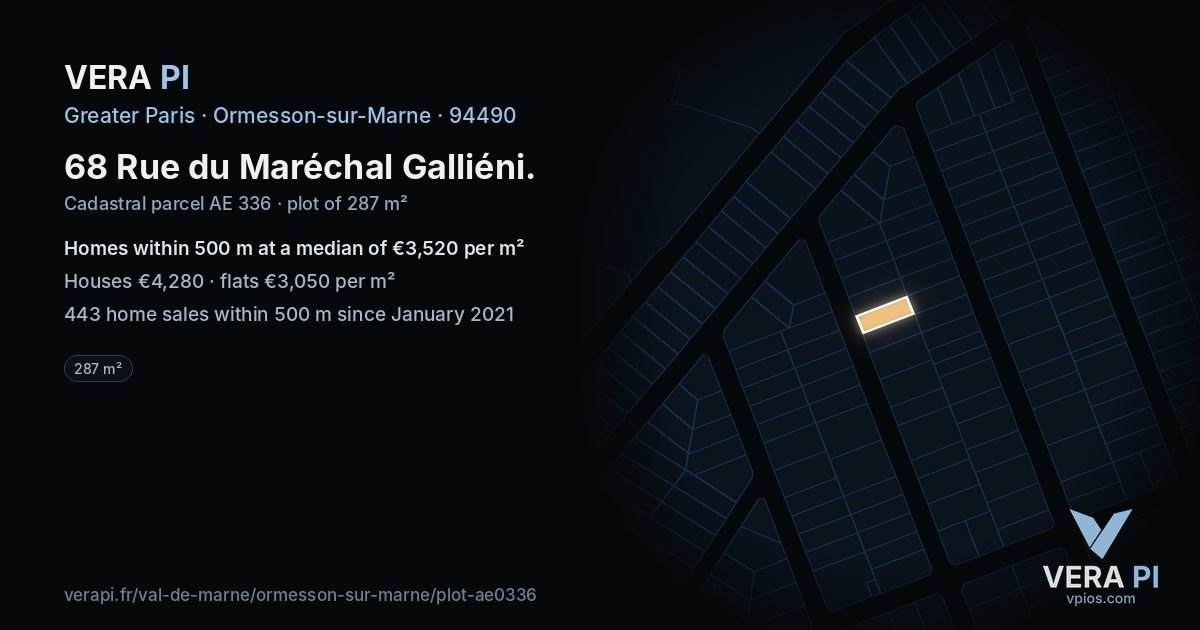 68 Rue du Maréchal Galliéni, Ormesson-sur-Marne at night – the plot lit, the parcels around coloured by the prices near them