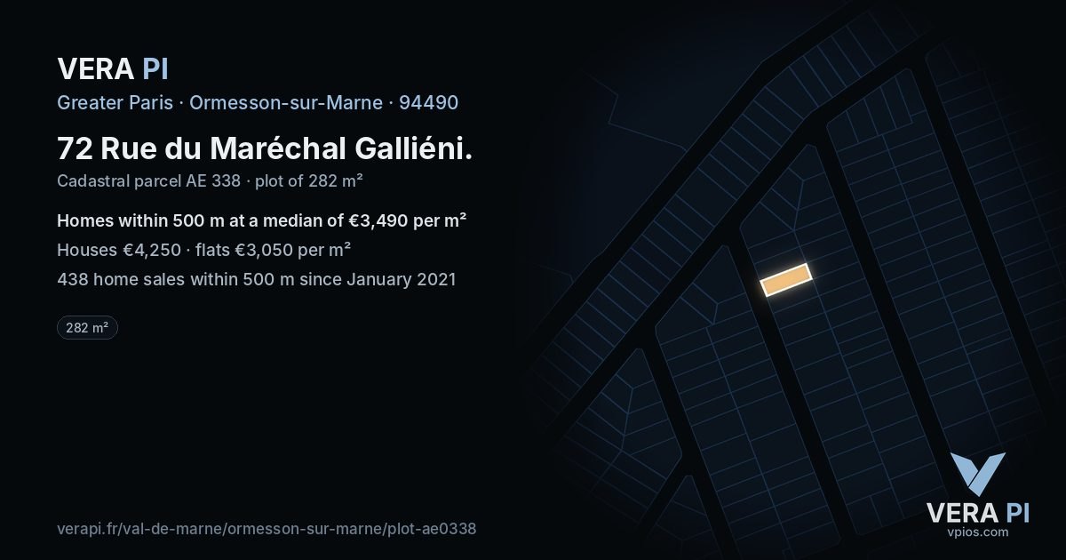 72 Rue du Maréchal Galliéni, Ormesson-sur-Marne at night – the plot lit, the parcels around coloured by the prices near them