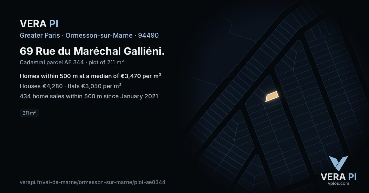 69 Rue du Maréchal Galliéni, Ormesson-sur-Marne at night – the plot lit, the parcels around coloured by the prices near them