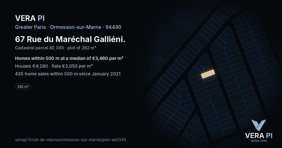 67 Rue du Maréchal Galliéni, Ormesson-sur-Marne at night – the plot lit, the parcels around coloured by the prices near them