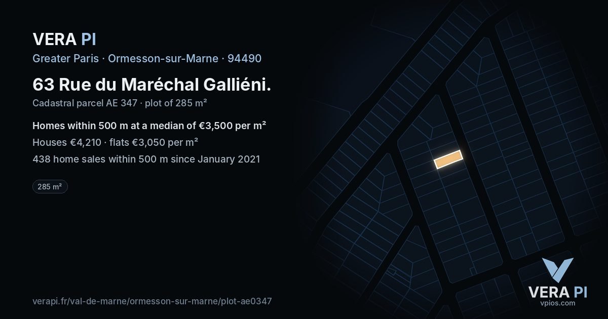 63 Rue du Maréchal Galliéni, Ormesson-sur-Marne at night – the plot lit, the parcels around coloured by the prices near them