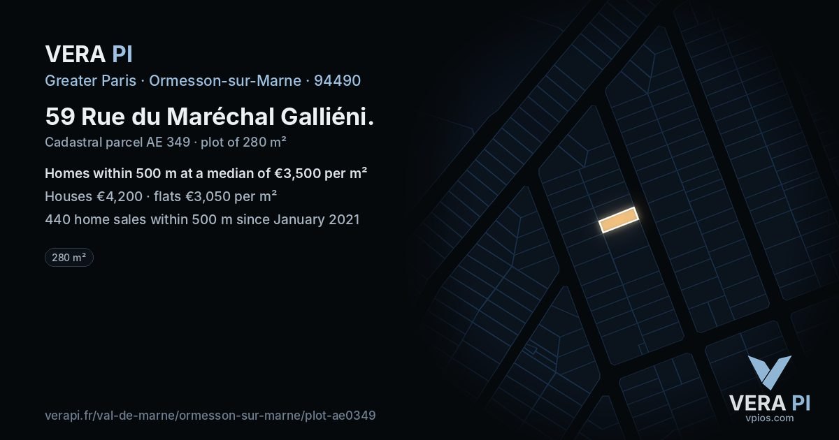 59 Rue du Maréchal Galliéni, Ormesson-sur-Marne at night – the plot lit, the parcels around coloured by the prices near them