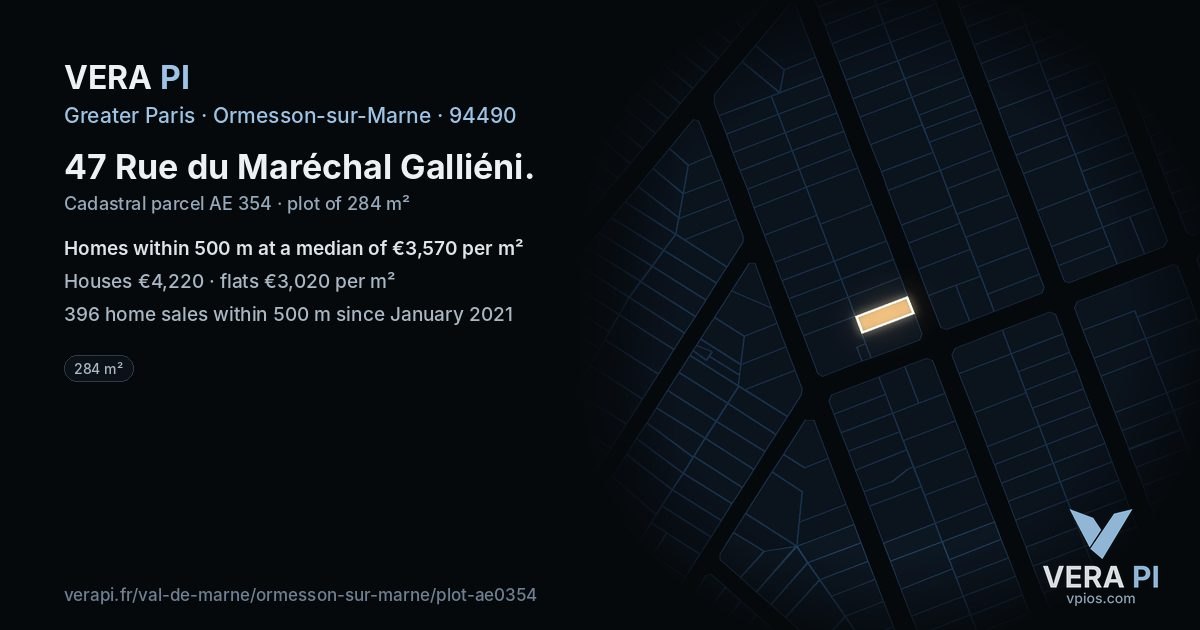 47 Rue du Maréchal Galliéni, Ormesson-sur-Marne at night – the plot lit, the parcels around coloured by the prices near them