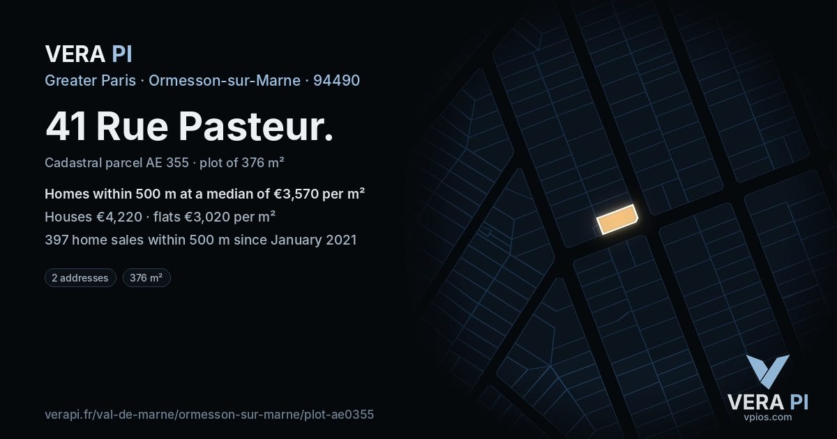 41 Rue Pasteur, Ormesson-sur-Marne at night – the plot lit, the parcels around coloured by the prices near them