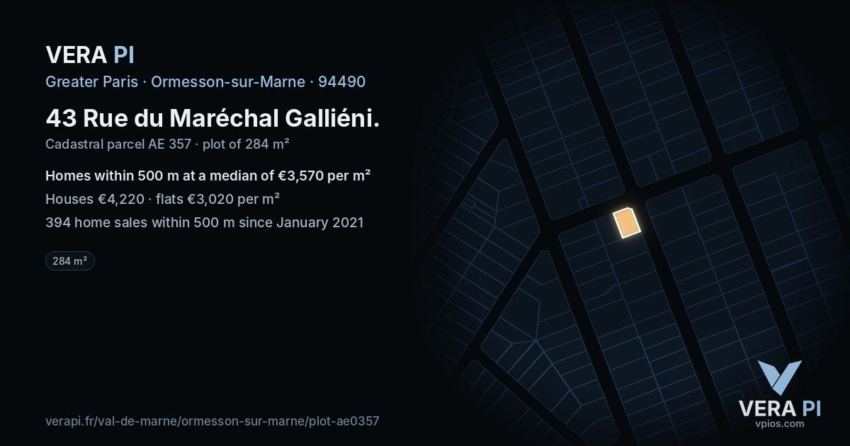 43 Rue du Maréchal Galliéni, Ormesson-sur-Marne at night – the plot lit, the parcels around coloured by the prices near them