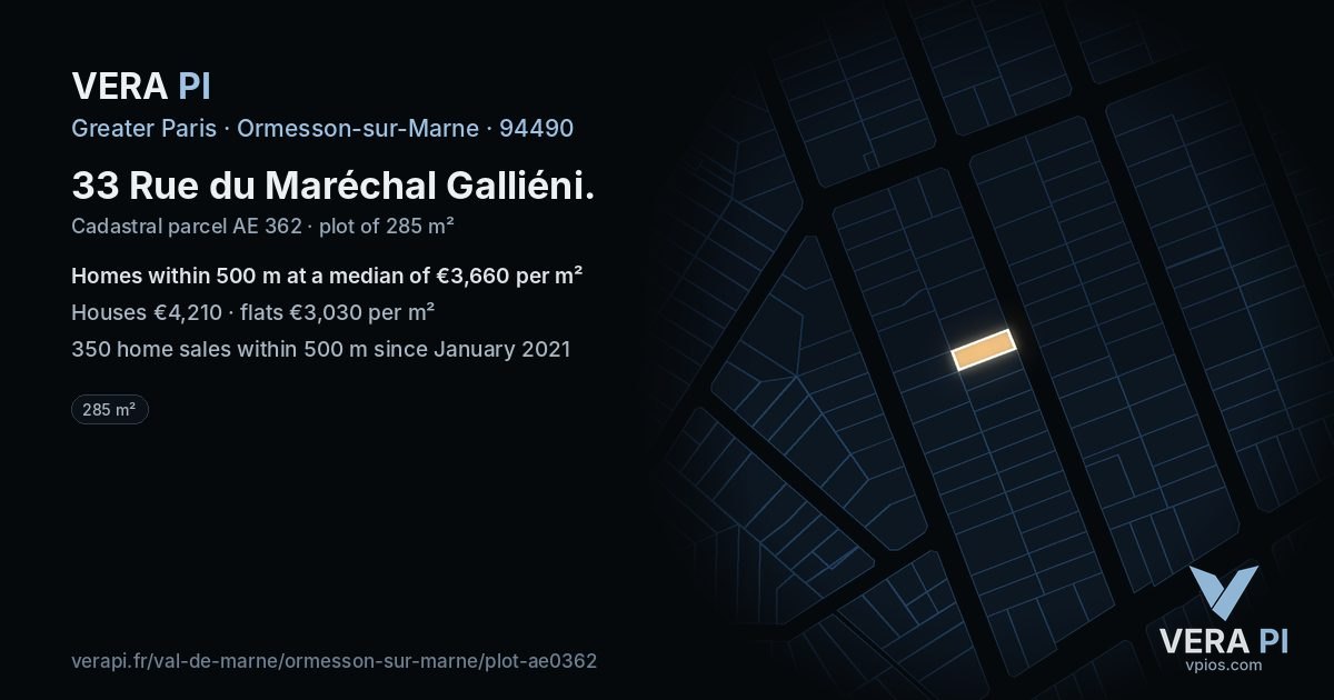 33 Rue du Maréchal Galliéni, Ormesson-sur-Marne at night – the plot lit, the parcels around coloured by the prices near them