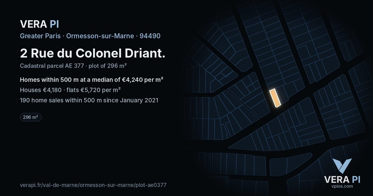 2 Rue du Colonel Driant, Ormesson-sur-Marne at night – the plot lit, the parcels around coloured by the prices near them