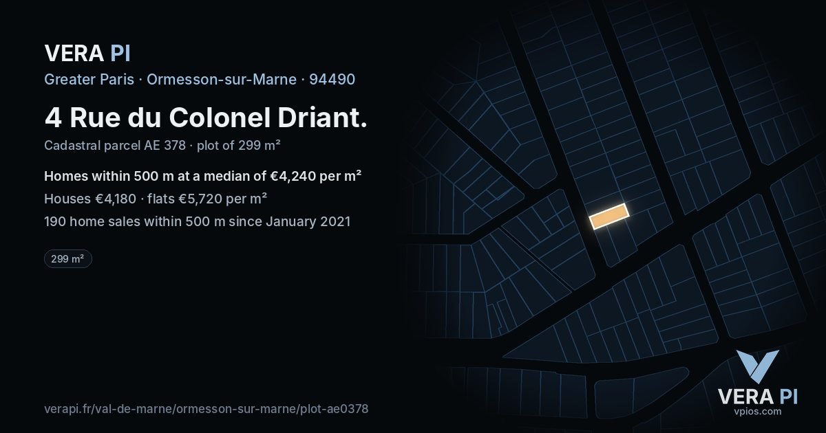 4 Rue du Colonel Driant, Ormesson-sur-Marne at night – the plot lit, the parcels around coloured by the prices near them