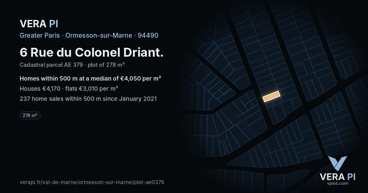6 Rue du Colonel Driant, Ormesson-sur-Marne at night – the plot lit, the parcels around coloured by the prices near them