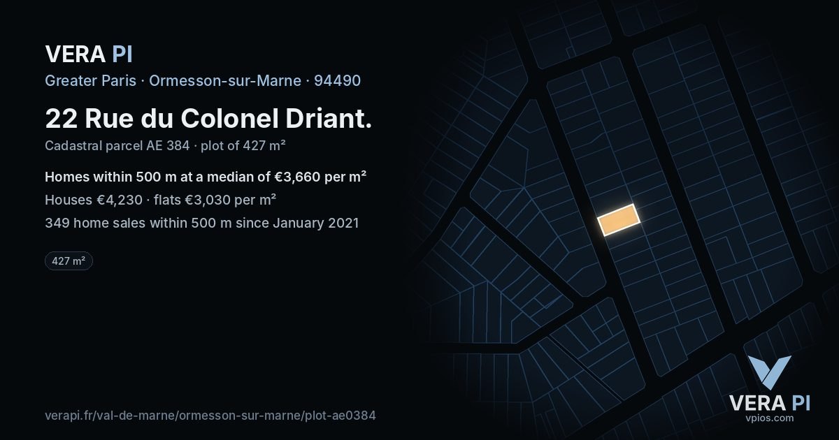 22 Rue du Colonel Driant, Ormesson-sur-Marne at night – the plot lit, the parcels around coloured by the prices near them
