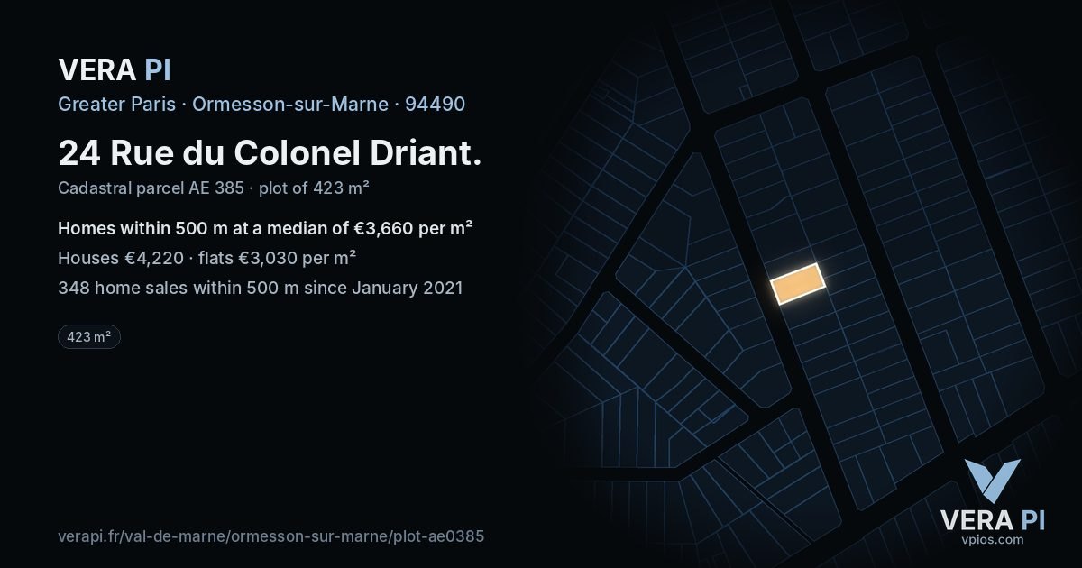 24 Rue du Colonel Driant, Ormesson-sur-Marne at night – the plot lit, the parcels around coloured by the prices near them