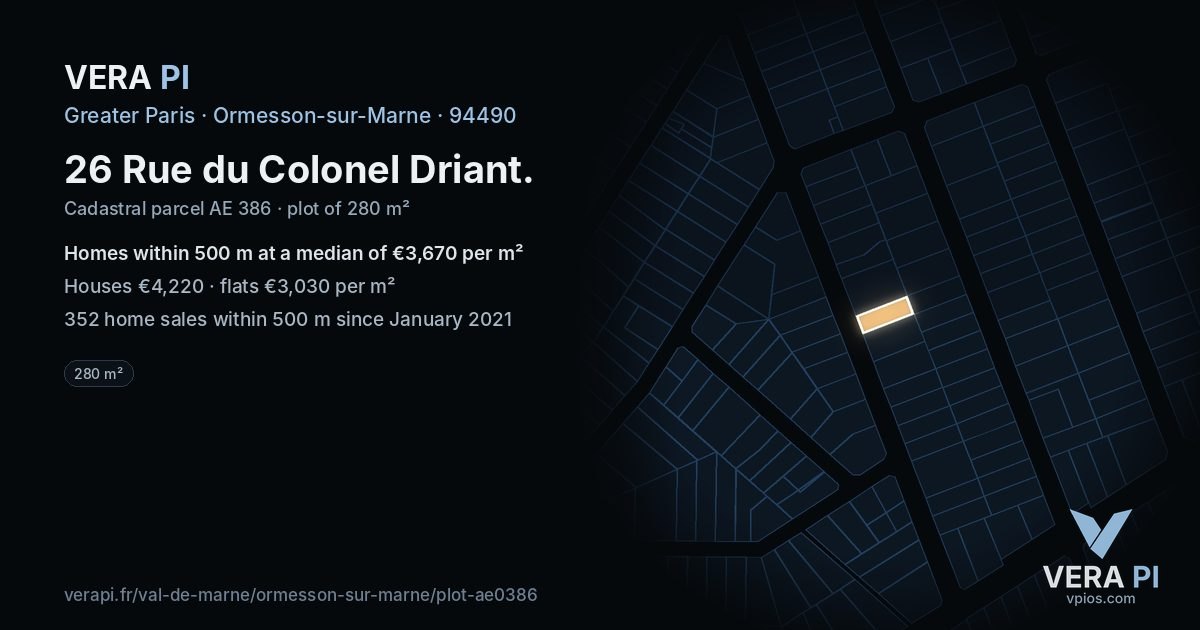 26 Rue du Colonel Driant, Ormesson-sur-Marne at night – the plot lit, the parcels around coloured by the prices near them