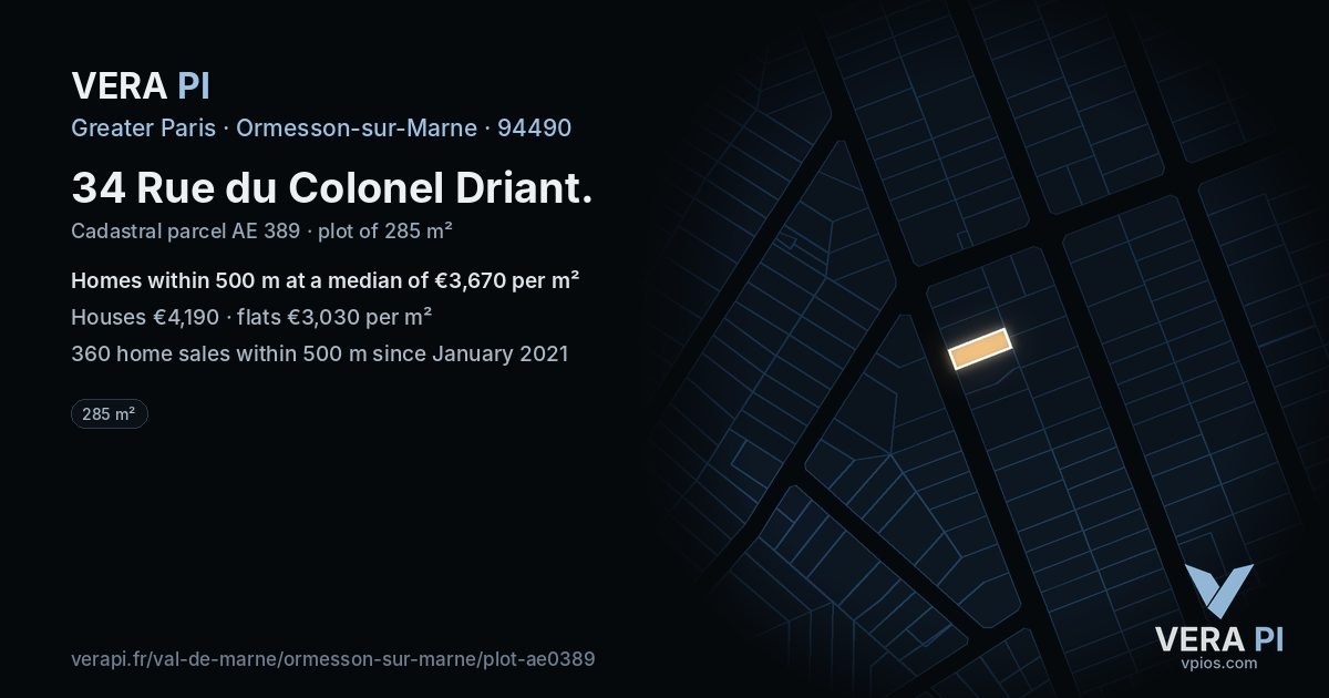 34 Rue du Colonel Driant, Ormesson-sur-Marne at night – the plot lit, the parcels around coloured by the prices near them