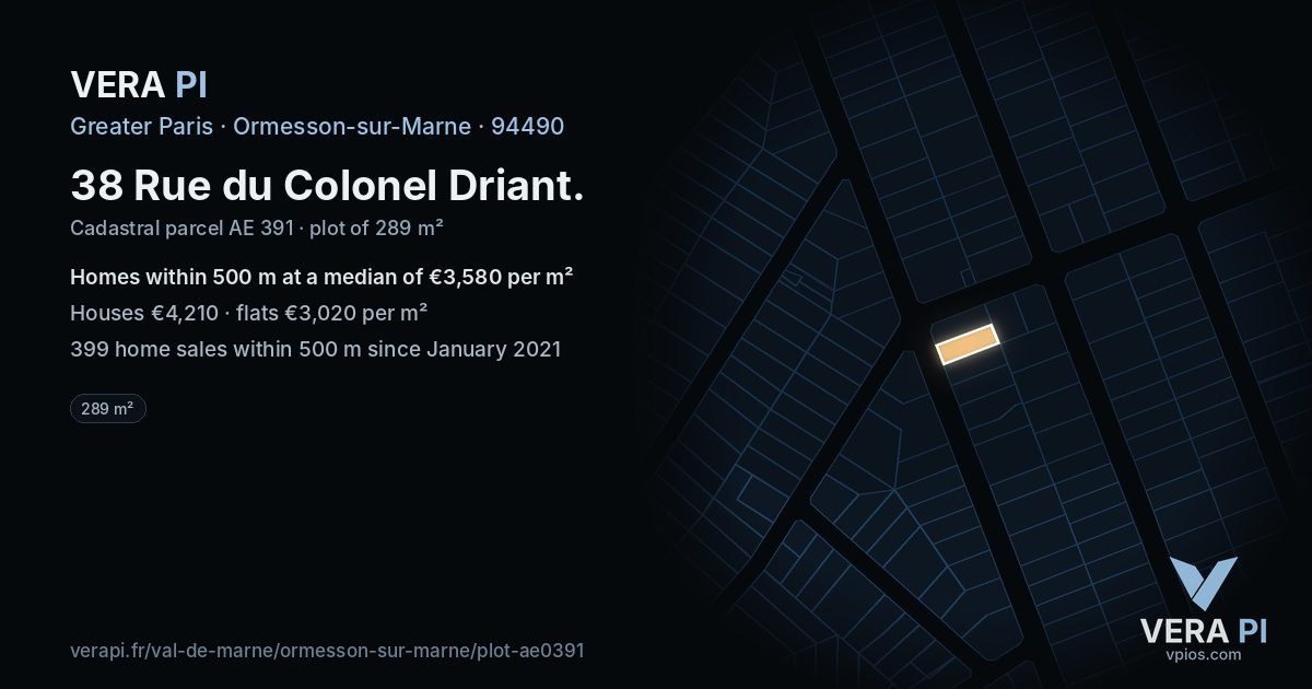 38 Rue du Colonel Driant, Ormesson-sur-Marne at night – the plot lit, the parcels around coloured by the prices near them
