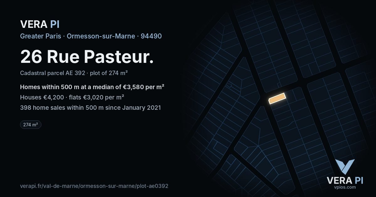 26 Rue Pasteur, Ormesson-sur-Marne at night – the plot lit, the parcels around coloured by the prices near them