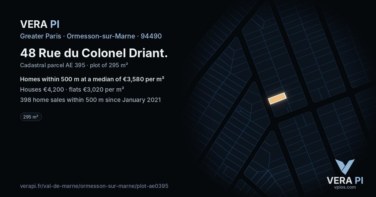 48 Rue du Colonel Driant, Ormesson-sur-Marne at night – the plot lit, the parcels around coloured by the prices near them