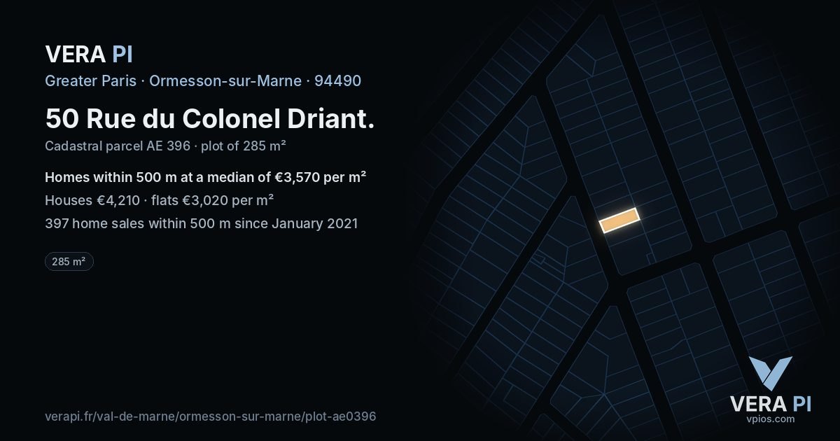 50 Rue du Colonel Driant, Ormesson-sur-Marne at night – the plot lit, the parcels around coloured by the prices near them