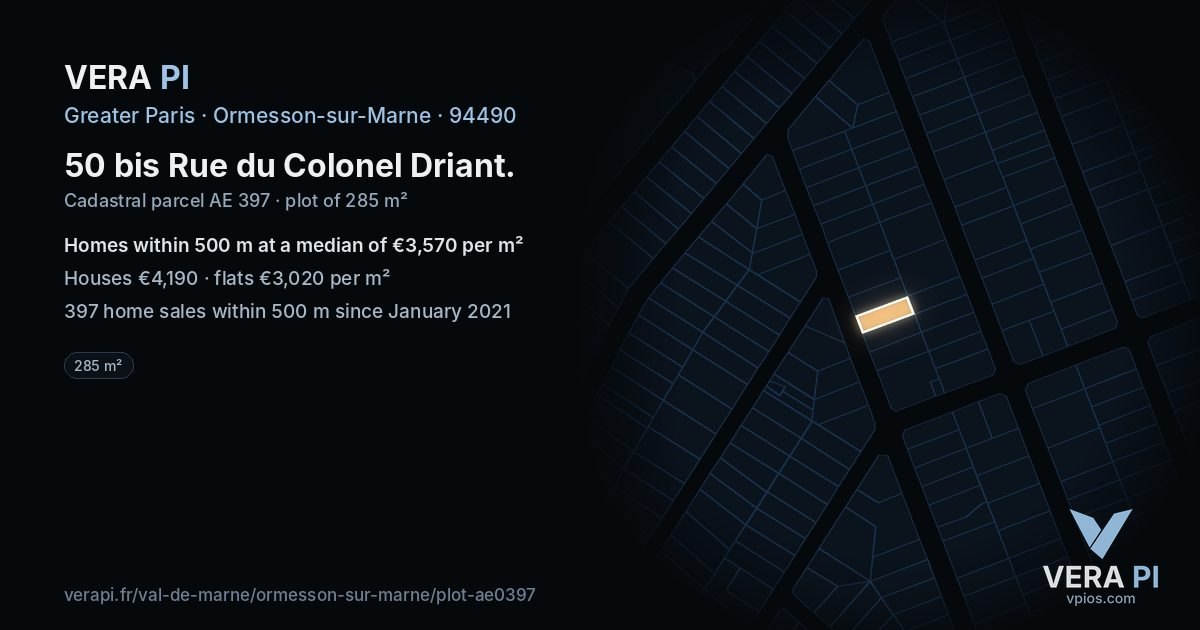 50 bis Rue du Colonel Driant, Ormesson-sur-Marne at night – the plot lit, the parcels around coloured by the prices near them