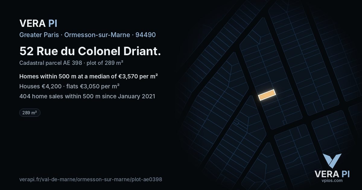 52 Rue du Colonel Driant, Ormesson-sur-Marne at night – the plot lit, the parcels around coloured by the prices near them