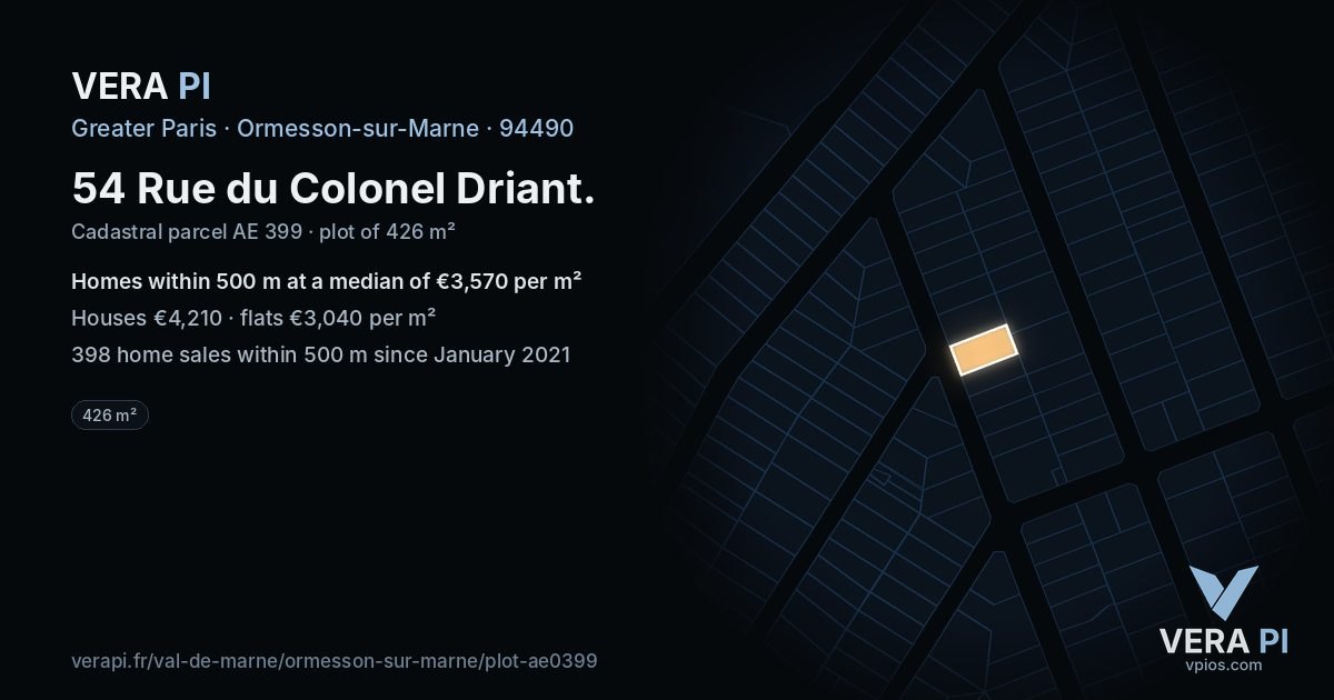 54 Rue du Colonel Driant, Ormesson-sur-Marne at night – the plot lit, the parcels around coloured by the prices near them