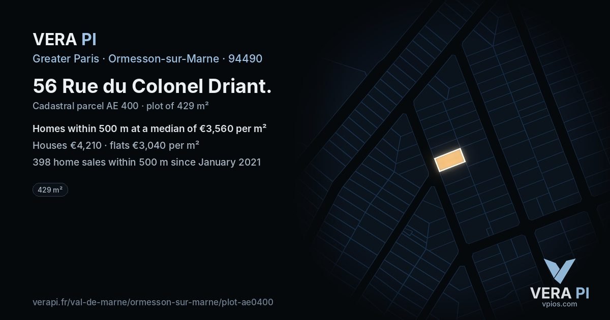56 Rue du Colonel Driant, Ormesson-sur-Marne at night – the plot lit, the parcels around coloured by the prices near them
