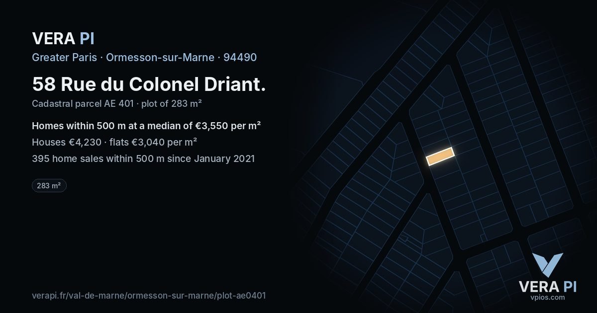 58 Rue du Colonel Driant, Ormesson-sur-Marne at night – the plot lit, the parcels around coloured by the prices near them