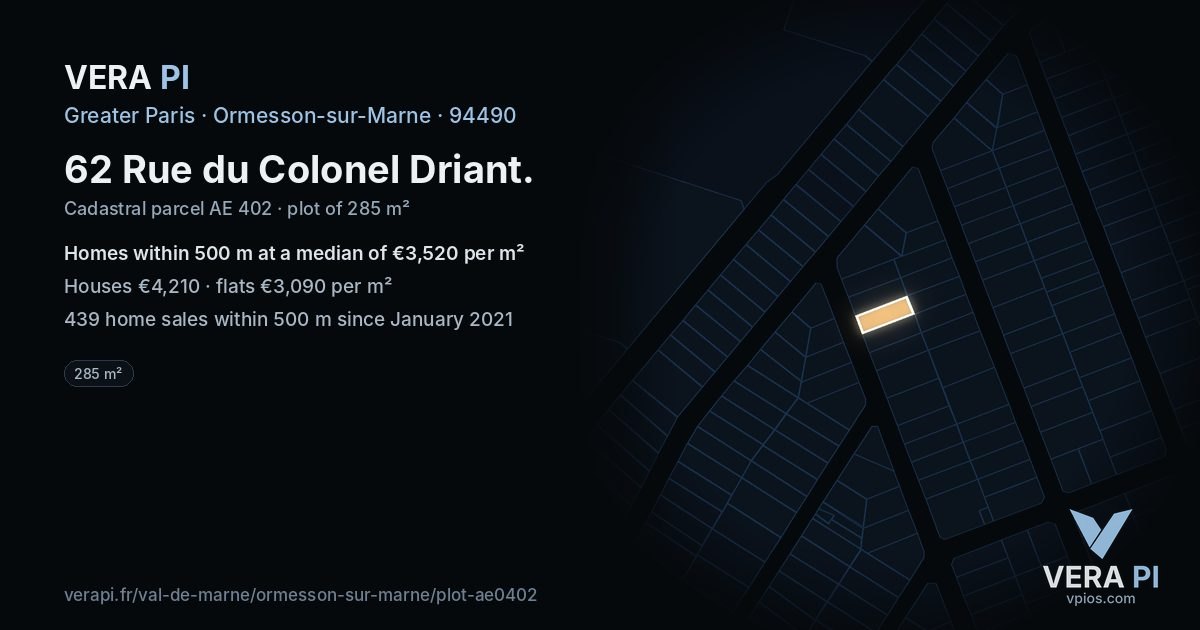 62 Rue du Colonel Driant, Ormesson-sur-Marne at night – the plot lit, the parcels around coloured by the prices near them