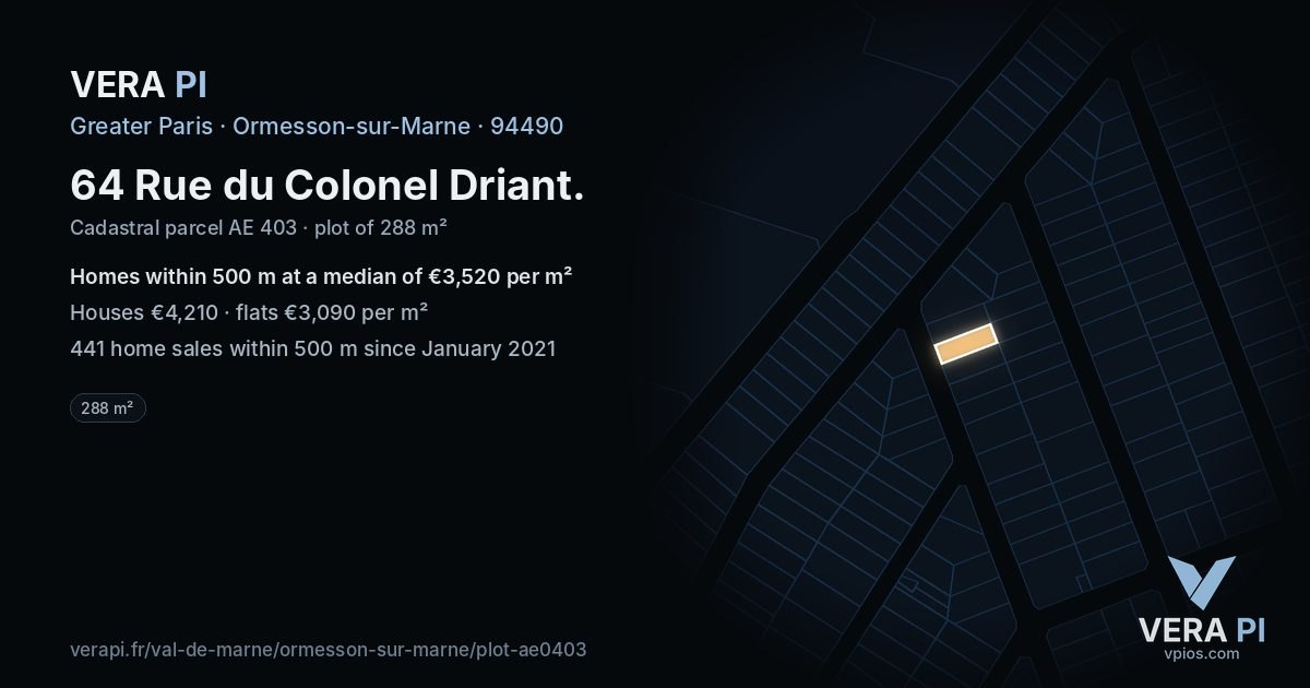 64 Rue du Colonel Driant, Ormesson-sur-Marne at night – the plot lit, the parcels around coloured by the prices near them