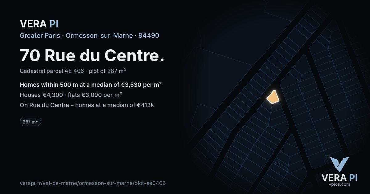 70 Rue du Centre, Ormesson-sur-Marne at night – the plot lit, the parcels around coloured by the prices near them