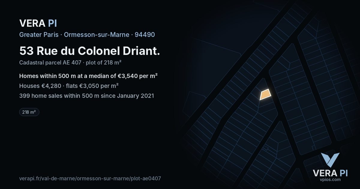 53 Rue du Colonel Driant, Ormesson-sur-Marne at night – the plot lit, the parcels around coloured by the prices near them