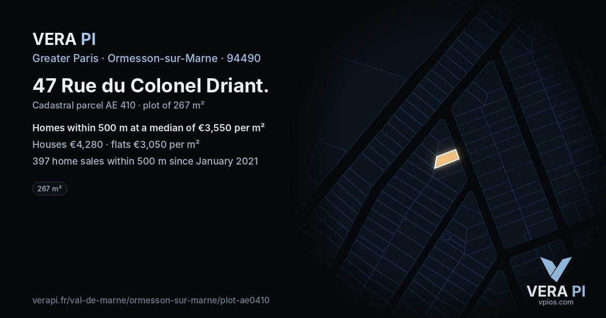 47 Rue du Colonel Driant, Ormesson-sur-Marne at night – the plot lit, the parcels around coloured by the prices near them