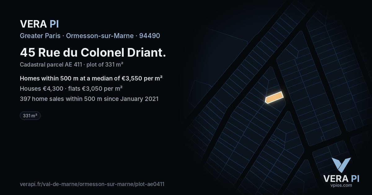 45 Rue du Colonel Driant, Ormesson-sur-Marne at night – the plot lit, the parcels around coloured by the prices near them