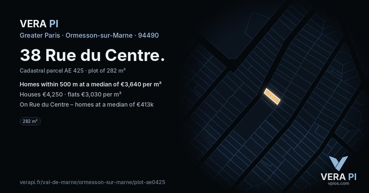 38 Rue du Centre, Ormesson-sur-Marne at night – the plot lit, the parcels around coloured by the prices near them