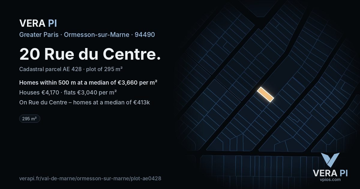 20 Rue du Centre, Ormesson-sur-Marne at night – the plot lit, the parcels around coloured by the prices near them