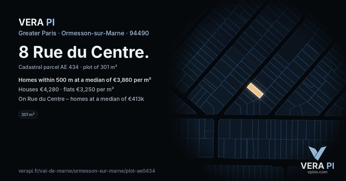 8 Rue du Centre, Ormesson-sur-Marne at night – the plot lit, the parcels around coloured by the prices near them