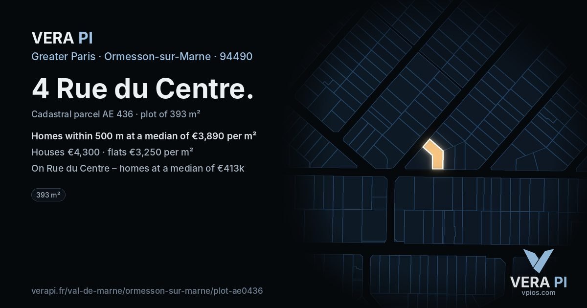 4 Rue du Centre, Ormesson-sur-Marne at night – the plot lit, the parcels around coloured by the prices near them