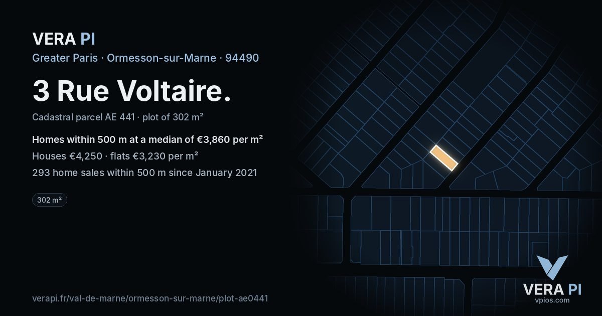 3 Rue Voltaire, Ormesson-sur-Marne at night – the plot lit, the parcels around coloured by the prices near them
