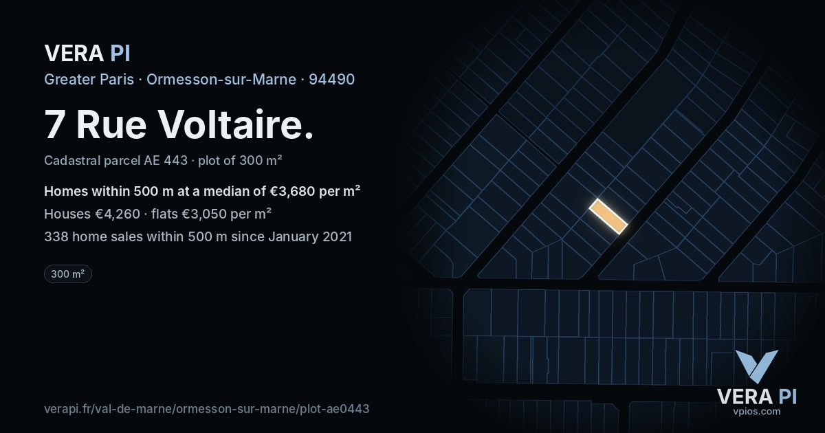 7 Rue Voltaire, Ormesson-sur-Marne at night – the plot lit, the parcels around coloured by the prices near them