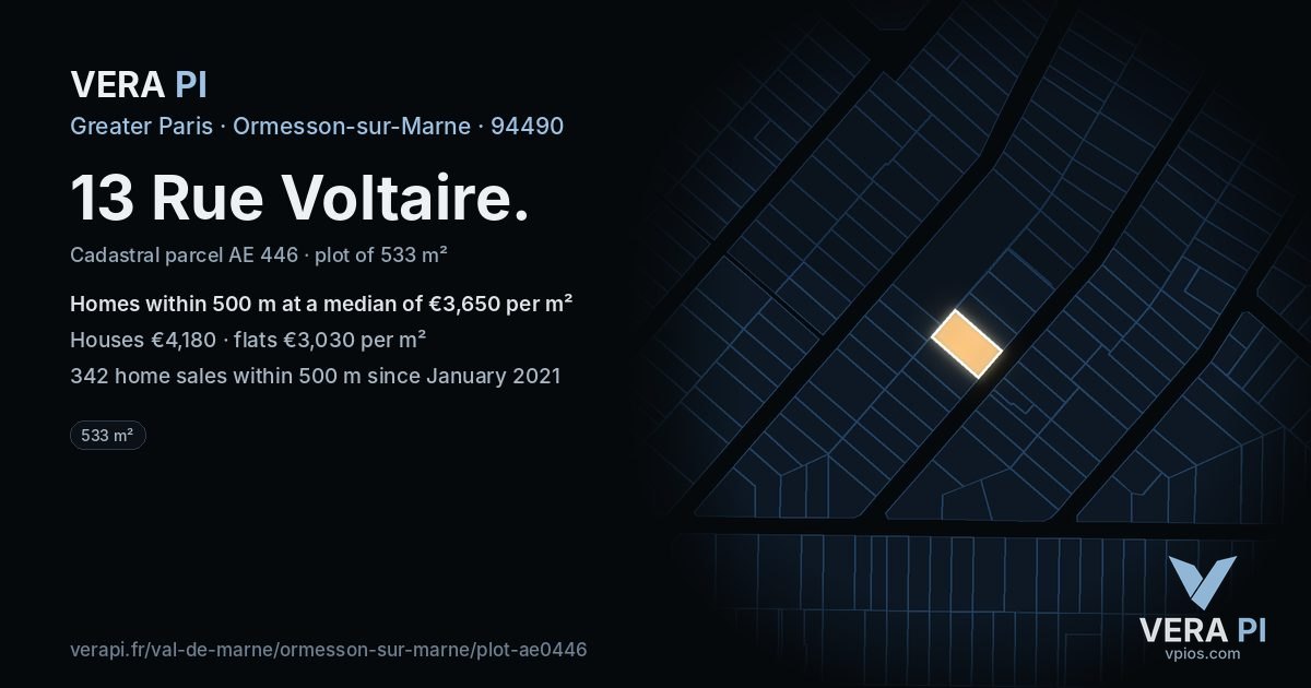 13 Rue Voltaire, Ormesson-sur-Marne at night – the plot lit, the parcels around coloured by the prices near them