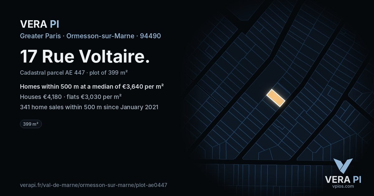 17 Rue Voltaire, Ormesson-sur-Marne at night – the plot lit, the parcels around coloured by the prices near them