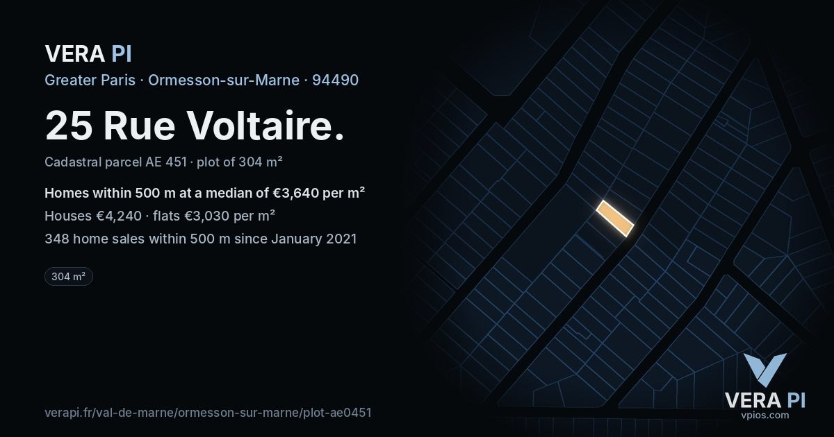 25 Rue Voltaire, Ormesson-sur-Marne at night – the plot lit, the parcels around coloured by the prices near them