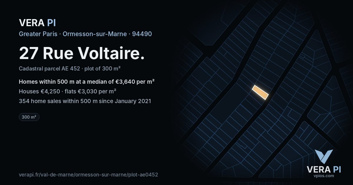 27 Rue Voltaire, Ormesson-sur-Marne at night – the plot lit, the parcels around coloured by the prices near them