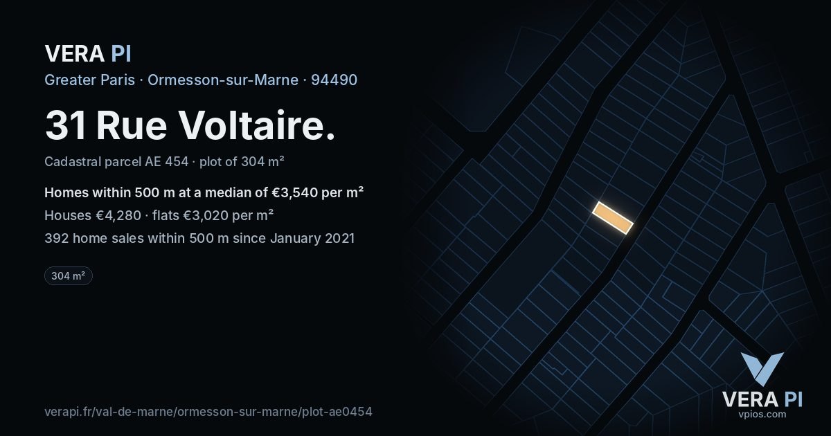 31 Rue Voltaire, Ormesson-sur-Marne at night – the plot lit, the parcels around coloured by the prices near them